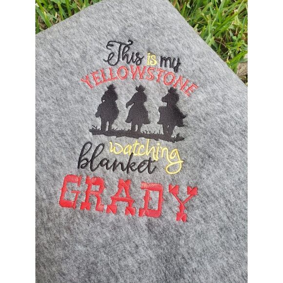 This is My Yellowstone Watching Blanket Gray Fleece Blanket Embroidered Twin sz - Picture 3 of 5